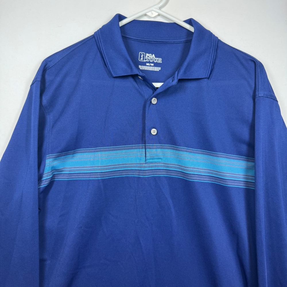 PGA Tour Men's Blue Long‎ Sleeve Striped Golf Polo Shirt Sz Medium